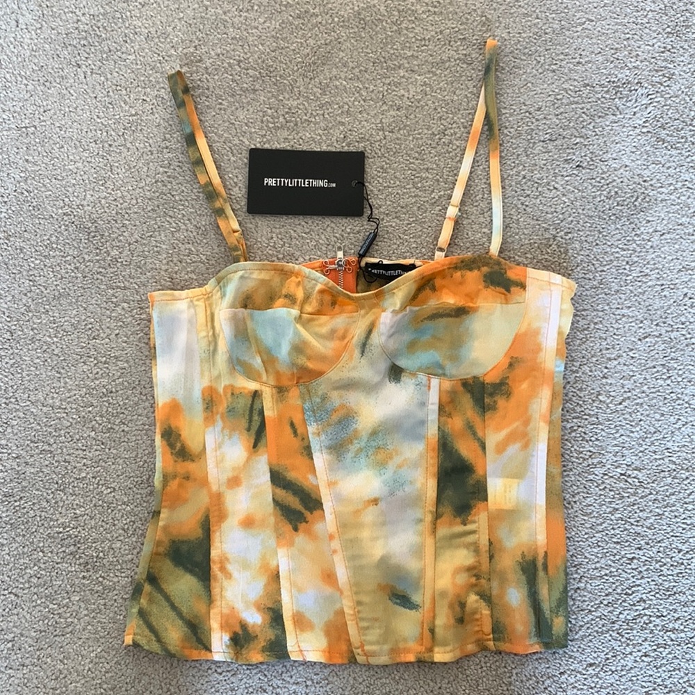 NWT Pretty Little Thing Orange Tie Dye Print Structured Corset Top